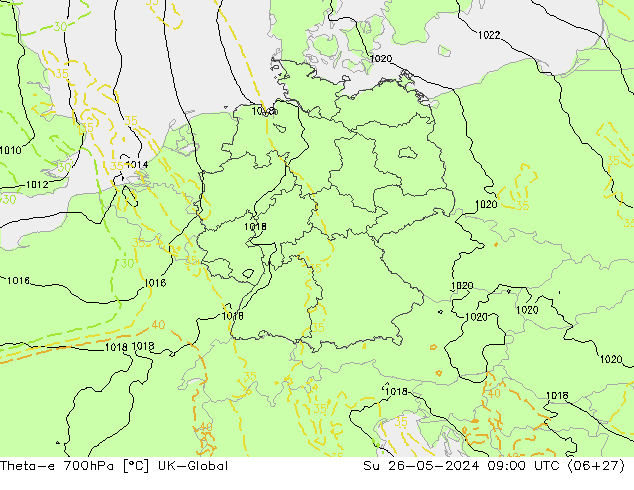Theta-e 700hPa UK-Global Paz 26.05.2024 09 UTC