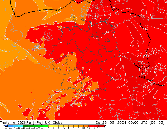 Theta-W 850hPa UK-Global 星期六 25.05.2024 09 UTC