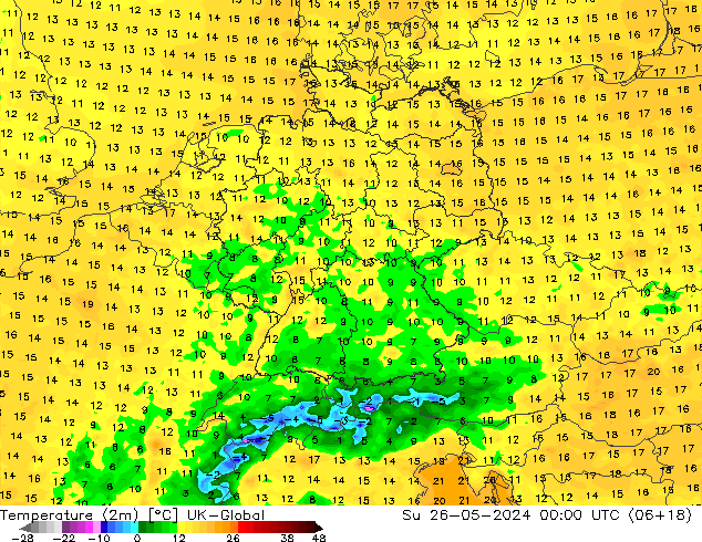 Temperatura (2m) UK-Global Dom 26.05.2024 00 UTC