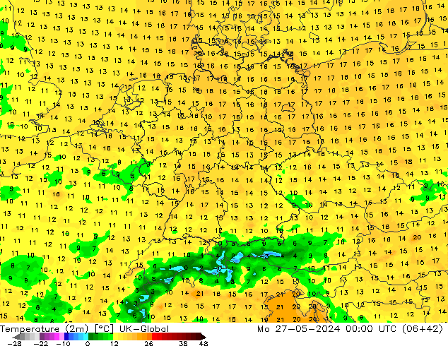 Temperature (2m) UK-Global Mo 27.05.2024 00 UTC