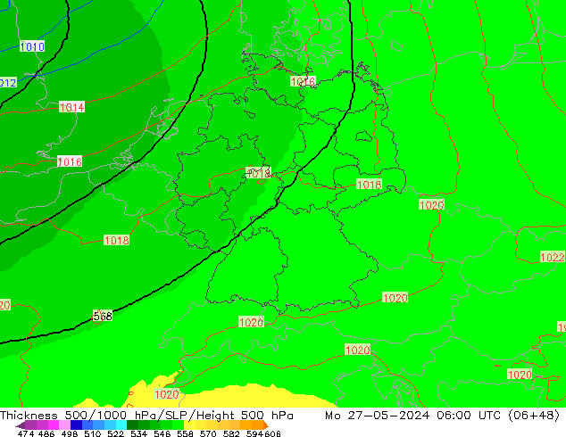 Espesor 500-1000 hPa UK-Global lun 27.05.2024 06 UTC