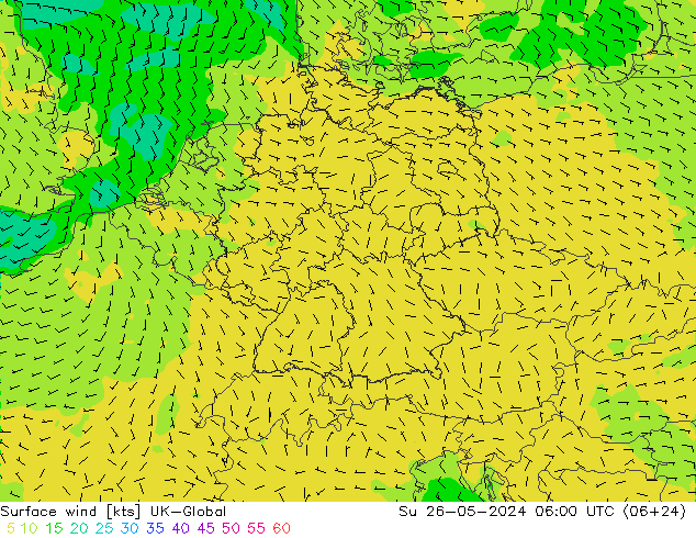 Viento 10 m UK-Global dom 26.05.2024 06 UTC