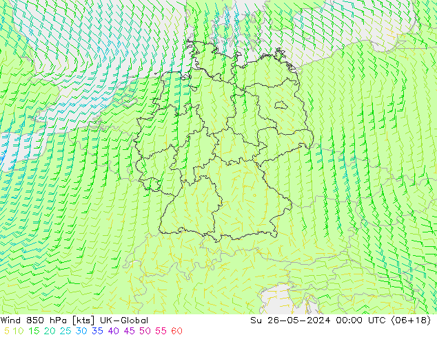 Wind 850 hPa UK-Global Su 26.05.2024 00 UTC