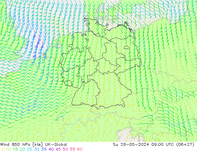 wiatr 850 hPa UK-Global nie. 26.05.2024 09 UTC