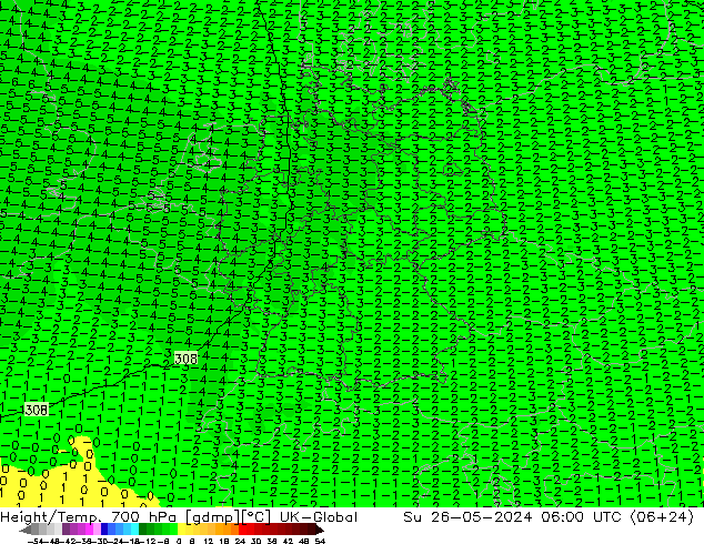 Géop./Temp. 700 hPa UK-Global dim 26.05.2024 06 UTC