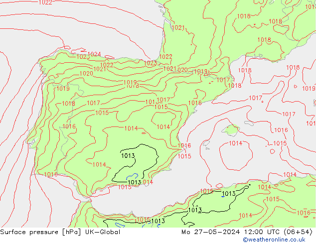 Surface pressure UK-Global Mo 27.05.2024 12 UTC