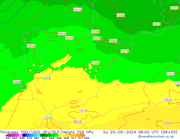 Dikte700-1000 hPa UK-Global za 25.05.2024 06 UTC