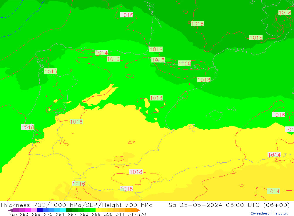 Espesor 700-1000 hPa UK-Global sáb 25.05.2024 06 UTC