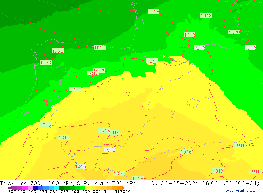 Thck 700-1000 hPa UK-Global Ne 26.05.2024 06 UTC