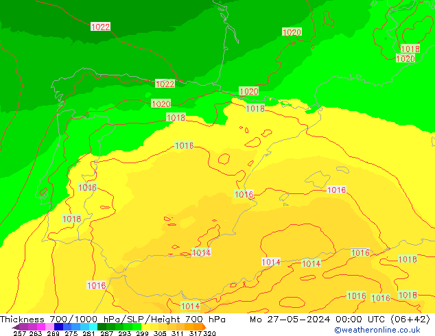 Dikte700-1000 hPa UK-Global ma 27.05.2024 00 UTC