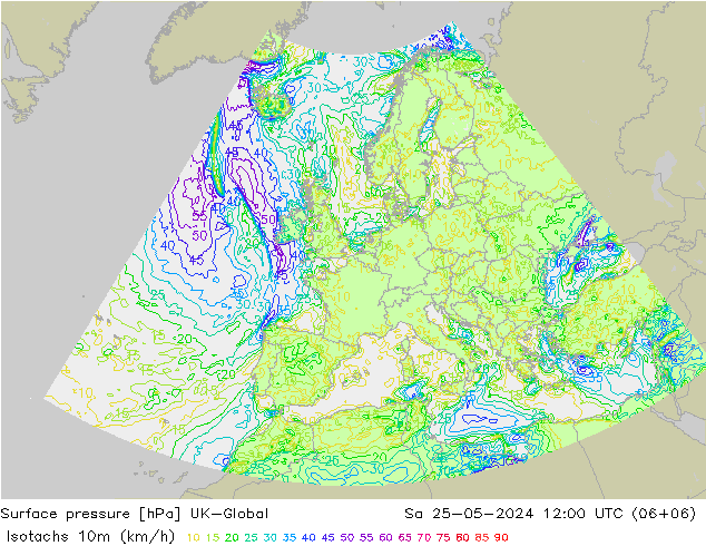 10米等风速线 (kph) UK-Global 星期六 25.05.2024 12 UTC