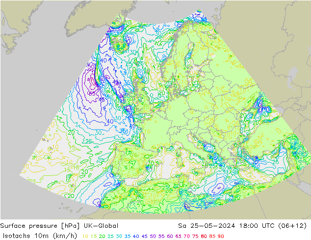 Isotachs (kph) UK-Global Sa 25.05.2024 18 UTC