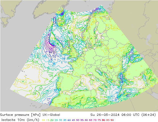 Eşrüzgar Hızları (km/sa) UK-Global Paz 26.05.2024 06 UTC