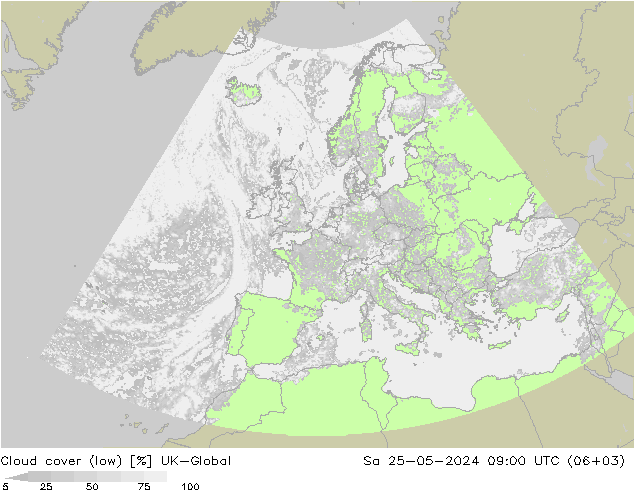 zachmurzenie (niskie) UK-Global so. 25.05.2024 09 UTC