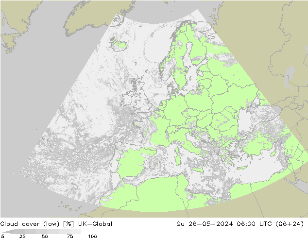 Bewolking (Laag) UK-Global zo 26.05.2024 06 UTC