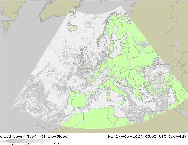 Cloud cover (low) UK-Global Mo 27.05.2024 06 UTC