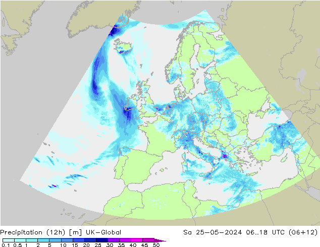 Precipitazione (12h) UK-Global sab 25.05.2024 18 UTC