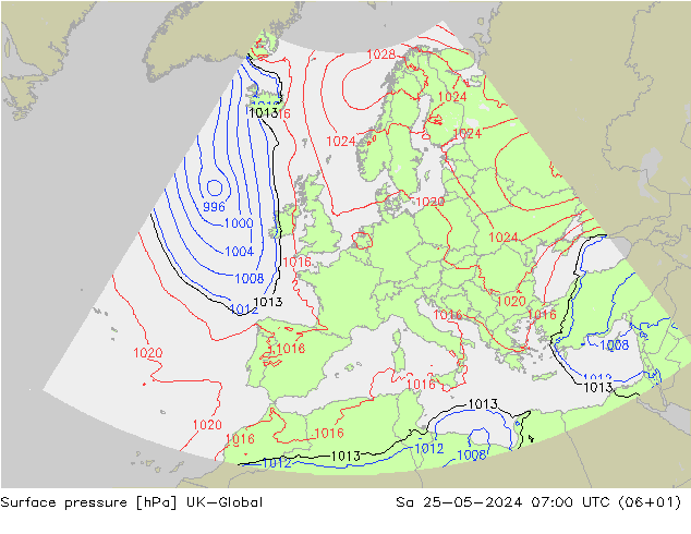 地面气压 UK-Global 星期六 25.05.2024 07 UTC