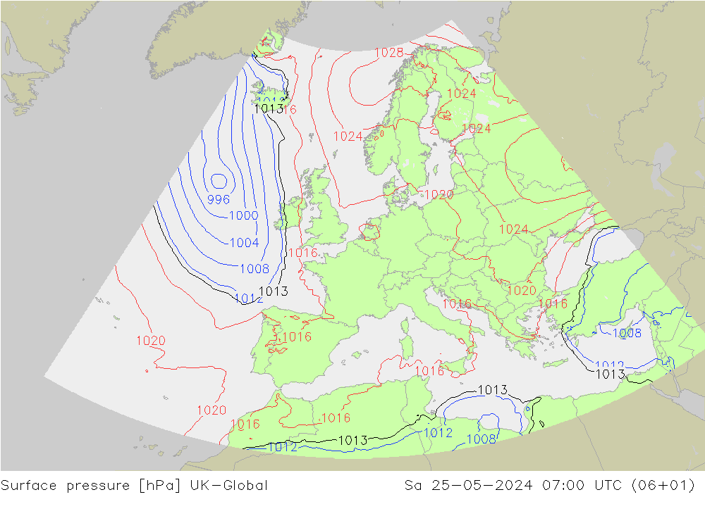 Pressione al suolo UK-Global sab 25.05.2024 07 UTC