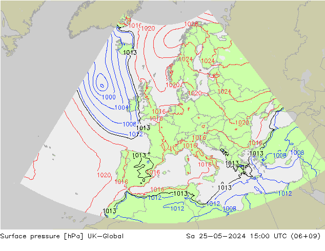 Pressione al suolo UK-Global sab 25.05.2024 15 UTC