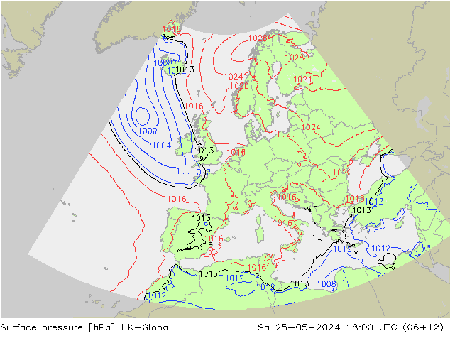 Pressione al suolo UK-Global sab 25.05.2024 18 UTC