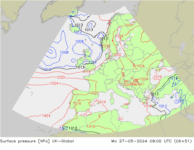 Atmosférický tlak UK-Global Po 27.05.2024 09 UTC