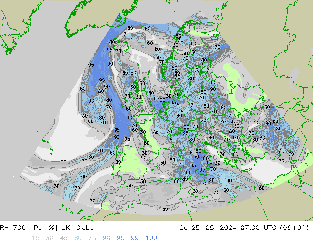 Humedad rel. 700hPa UK-Global sáb 25.05.2024 07 UTC