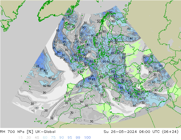 Humedad rel. 700hPa UK-Global dom 26.05.2024 06 UTC