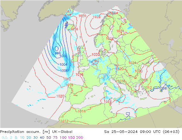 Precipitation accum. UK-Global 星期六 25.05.2024 09 UTC