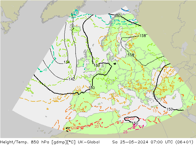 Height/Temp. 850 hPa UK-Global 星期六 25.05.2024 07 UTC