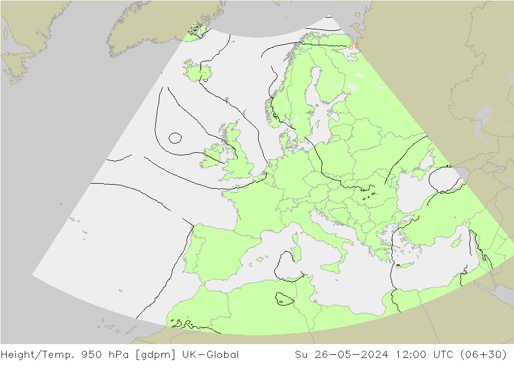 Height/Temp. 950 hPa UK-Global Dom 26.05.2024 12 UTC