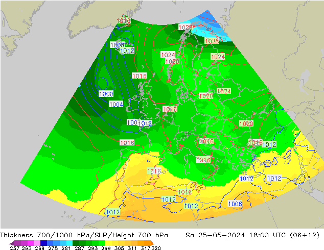 Thck 700-1000 hPa UK-Global 星期六 25.05.2024 18 UTC