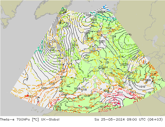 Theta-e 700hPa UK-Global 星期六 25.05.2024 09 UTC
