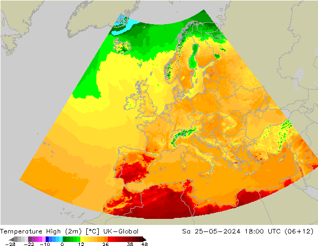 Temperature High (2m) UK-Global Sa 25.05.2024 18 UTC