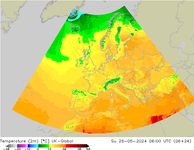 Sıcaklık Haritası (2m) UK-Global Paz 26.05.2024 06 UTC