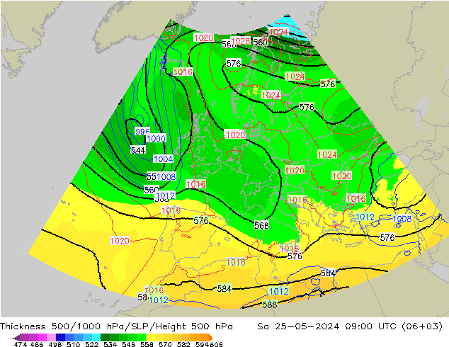Thck 500-1000hPa UK-Global So 25.05.2024 09 UTC