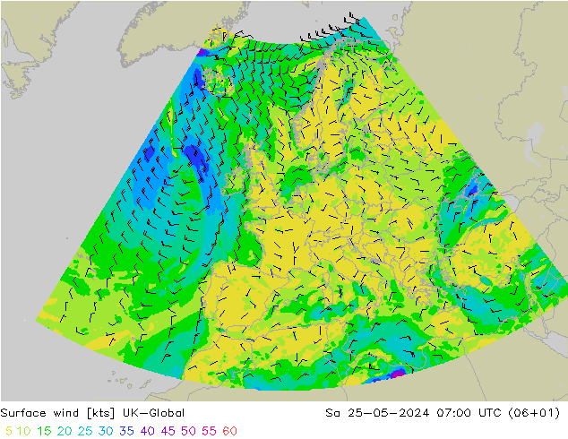 Vento 10 m UK-Global sab 25.05.2024 07 UTC