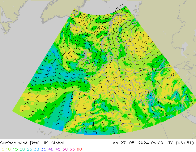 Surface wind UK-Global Po 27.05.2024 09 UTC