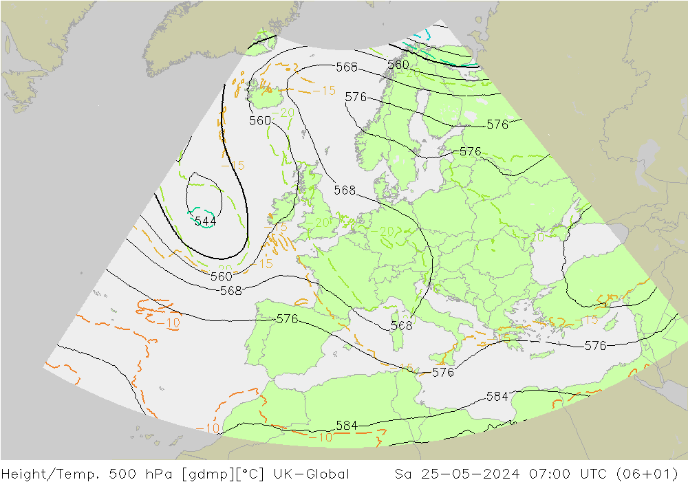 Height/Temp. 500 hPa UK-Global Sáb 25.05.2024 07 UTC