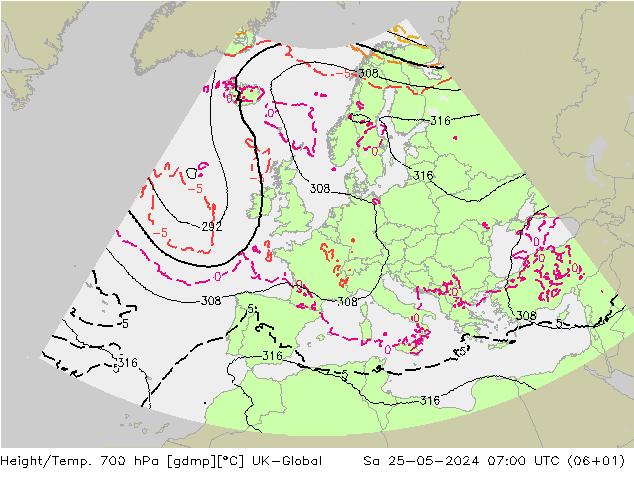 Height/Temp. 700 hPa UK-Global 星期六 25.05.2024 07 UTC