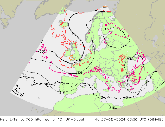 Height/Temp. 700 hPa UK-Global  27.05.2024 06 UTC