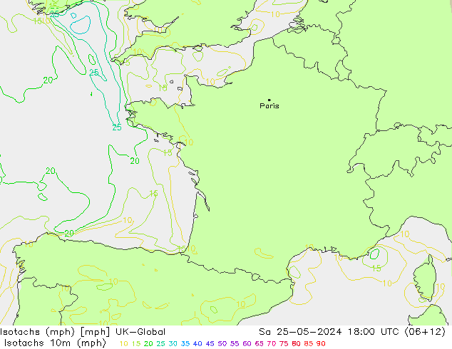 Isotachen (mph) UK-Global za 25.05.2024 18 UTC