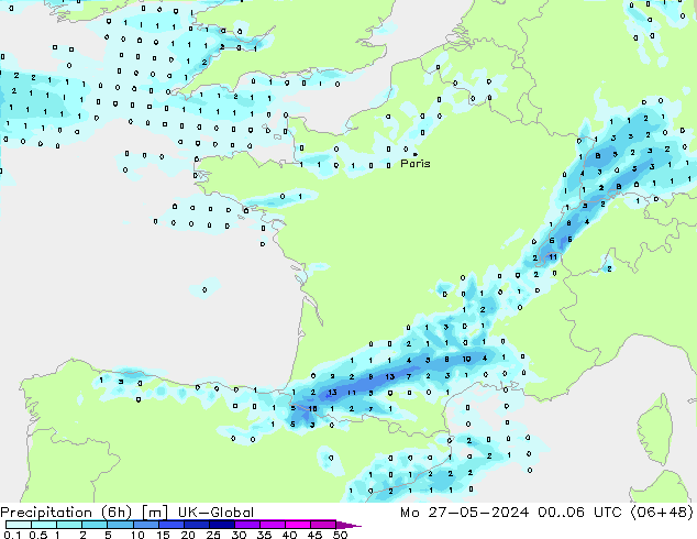 Precipitation (6h) UK-Global Po 27.05.2024 06 UTC