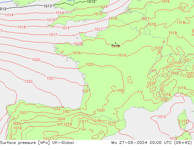 Surface pressure UK-Global Mo 27.05.2024 00 UTC