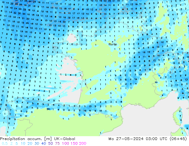 Precipitation accum. UK-Global Mo 27.05.2024 03 UTC