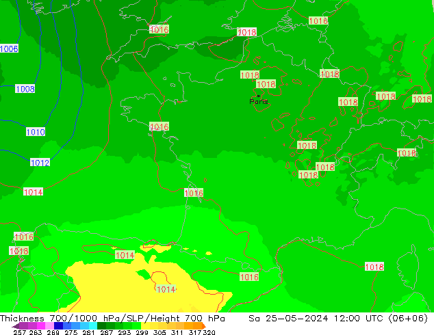 Thck 700-1000 гПа UK-Global сб 25.05.2024 12 UTC