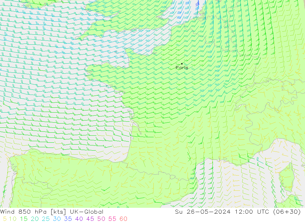 Wind 850 hPa UK-Global So 26.05.2024 12 UTC