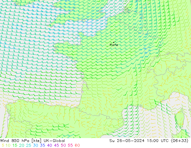 Wind 850 hPa UK-Global So 26.05.2024 15 UTC