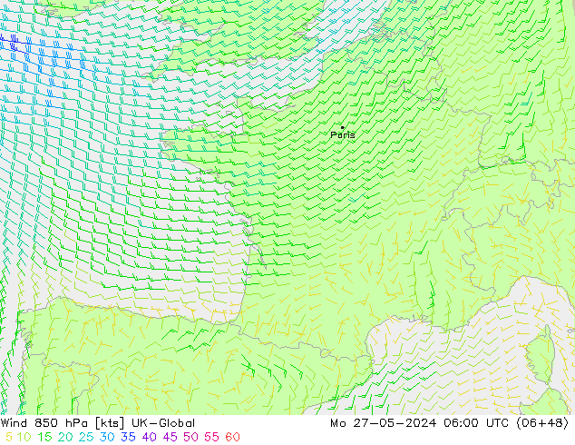 Wind 850 hPa UK-Global Mo 27.05.2024 06 UTC