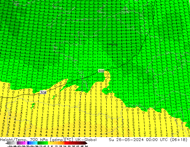 Hoogte/Temp. 700 hPa UK-Global zo 26.05.2024 00 UTC